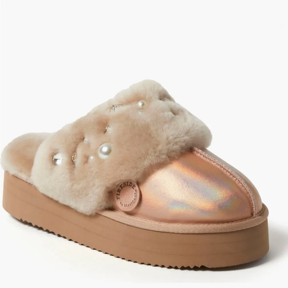 Fireside Ballina Genuine Sterling Platform Pearl Embellished Slippers - Picture 2 of 11